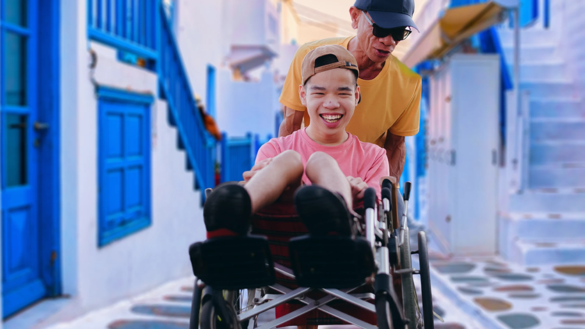 A wheelchair user and their Aelia Care companion out together in Greece.